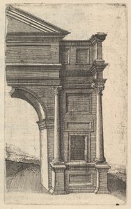 シリーズ「Ruinarum variarum fabricarum delineatione...」のアーチ [Porta Antonae] の半分、1554 年。 作： Lambert Suavius