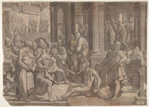 足の不自由な人を癒す聖ヨハネと聖ペテロ、1553年。 作： Lambert Suavius