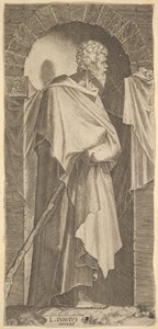 アーチ型の壁龕にいるセント ジェームス マイナー。手にステッキを持っている。1545 年頃。 作： Lambert Suavius
