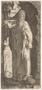 生い茂ったアーチの下に立つ聖パウロ、左足を岩の上に置き、右足を..., 1545. 作： Lambert Suavius
