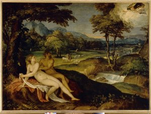 木星とイオ。 Lambert Sustris (1515 年または 1520 年 - 1591 年以降) による絵画、キャンバスに油彩、1558 年から 1563 年の間。イタリア美術 (ヴェネツィア) 作： Lambert Sustris