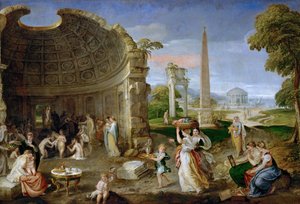 アンティークな廃墟と水浴びする女性たちのいる風景 - Lambert Sustris (Alberto de Olanda) (1515/20-1591年以降).キャンバスに油彩、約1552-1553年。サイズ：101x150cmヴィエンヌ美術史博物館 作： Lambert Sustris