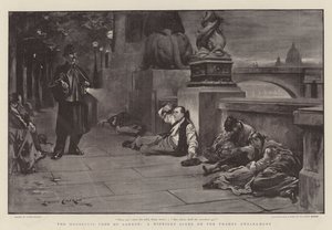 Houseless Poor of London、テムズ川堤防の真夜中のシーン 作： Lance Calkin