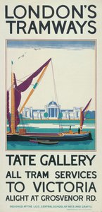 テートギャラリー」ロンドンカウンティカウンシルLCCトラムウェイズのポスター、1925年 作： Lance Cattermole