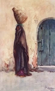 エジプトの人々：水瓶を運ぶ先住民の女性、フェラハ・ハムラ・エル・ベラッシ（カラーリトグラフ） 作： Lance Thackeray