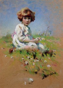 マージョリー - ヒナギクを摘む少女 (紙にパステル) 作： Lancelot Roberts