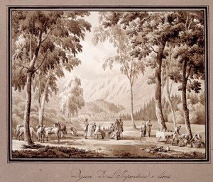 1810年、セルヴォスでのジョゼフィーヌ・ド・ボーアルネの朝食。テオドール・ターピン・デ・クリッセ（1782-1859）によるデッサン 作： Lancelot Théodore Turpin de Crissé de Crissé