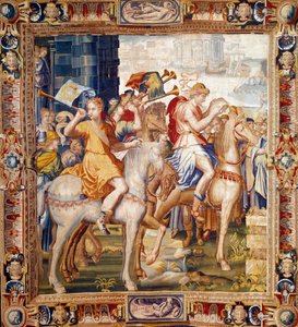 ヘラウツ・ライディング。アルテミスの歴史」のカーテン。ローラン・ギュイオ（1756-1806）とアンリ・ルランベール（1540/1550-1608年頃）がフォーブル・サンマルセル（1601-vers1670）の工房で製作した羊毛と絹のタペストリー。17世紀パリ、国民的家具 作： Laurent Guyot