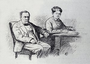 妻マリー・ローランとの関係を口述するフランスの化学者・物理学者、ルイ・パスツール（1822-1895）の肖像。スケッチはLucien Laurent-Gsell（Laurent Gsell）（1860-1944）。DR 作： Laurent Lucien Gsell