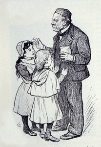 研究所の子供たちにお菓子をあげるフランスの化学者・物理学者、ルイ・パスツール（1822-1895）の肖像。スケッチはLucien Laurent-Gsell (Laurent Gsell) (1860-1944)によるもの。DR 作： Laurent Lucien Gsell