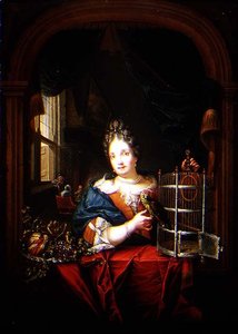 オウムを抱く女性の肖像（パネル） 作： Laureys Goubau