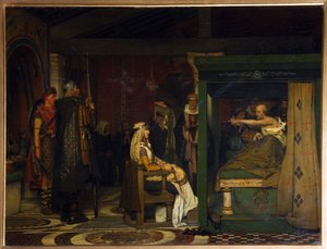フレデグンド (545-597 年頃)、ネウストリアの女王、彼の死の床でルーアンのプレテキスタット司教 (586 年に死亡) を訪問 (フレデグンドは死の床でプレテキスタトゥス司教を訪問) - ローレンス アルマ タデマ卿 (アルマ タデマ) による絵画 (1836-1912) 、木に油彩 作： Lawrence Alma Tadema