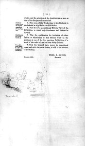 ロイヤル・アカデミー・オブ・アーツ 3月10日の総会で選出された特別委員会の報告書」の余白に描かれた委員のスケッチ 作： Lawrence Alma Tadema