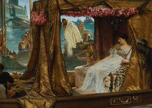 アントニーとクレオパトラの出会い - エジプトの女王クレオパトラ（紀元前79～30年）は、後に恋人となるマーク・アントニー（紀元前83～30年）と、おそらくローマで出会った（『アントニーとクレオパトラの出会い』） - ローレンス・アルマ＝タデマ（1836～1912年）による絵画 - 1885年～。 作： Lawrence Alma Tadema