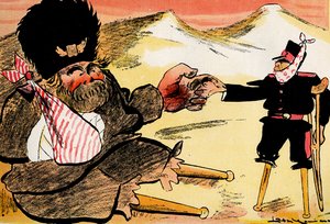 未来同盟「こんな風に始めるべきだった！」 ・ロシアと日本が握手。 1904年（石版） 作： Leal de Camara