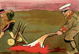 文明の鋤 - 血まみれの戦場を耕すロシアの兵士。 1904年（石版） 作： Leal de Camara