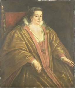女性の肖像画、おそらくマリノ・グリマニの妻、モロシナ・モロシニ、ヴェネツィアの犬 作： Leandro Bassano (workshop of)