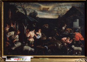 「四月」（四月） 羊の毛刈り。 空のおうし座記号。 Leandro Bassano da Ponte (1557-1622) 作 1595-1600 Dim. 144x190 cm State Art Museum Tula Russia