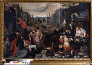 「ル・モワ・ド・フェヴリエ」（2月） カーニバル時期の散歩風景。 空の魚座記号。 Leandro Bassano da Ponte (1557-1622) 作 1595-1600 Dim. 144x190 cm State Art Museum Tula Russia 作： Leandro da Ponte Bassano