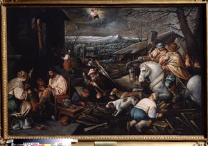 「一月」（一月） 毛糸を紡ぐ女性、狩人。 空の水瓶座のシンボル。 Leandro Bassano da Ponte (1557-1622) の絵画 Dim. 146 x 192 cm State Art Museum Tula Russia 作： Leandro da Ponte Bassano