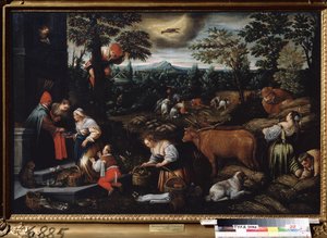 「六月」（六月） さくらんぼの収穫や小麦の収穫などの農作業。 空のがん記号。 Leandro Bassano da Ponte (1557-1622) による絵画 1595-1600 State Art Museum Tula Russia