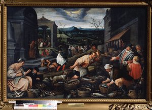 「三月」（3月）魚市場の様子。 空の牡羊座記号。 Leandro Bassano da Ponte (1557-1622) の絵画 Dim. 80x121 cm State Art Museum Tula Russia 作： Leandro da Ponte Bassano