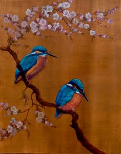 2 羽のカワセミとリンゴの花、2021 年（キャンバスに油彩）