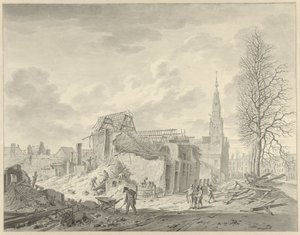 1807 年 1 月 12 日の火薬災害後のライデンのラーペンブルクの眺め