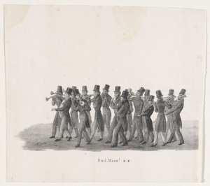 ライデンの学生の行進のミュージシャン、1835 ミューズ万歳！ (アイテムのタイトル) パレードがH.Hによって開催された別のパフォーマンス。 2 月 9 日の Leidsche Hoogeschool の学生: 1835 年、閉鎖 (オブジェクトに関するシリーズ タイトル) 作： Leendert Springer (I)