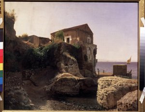 カプリ島（イタリア）の漁師の家。 （カプリ島の漁師の家）。 海での漁船と伝統的なポンツーンの説明付き。 Lev Felixovich Lagorio（1827-1905）による絵画、キャンバスに油彩