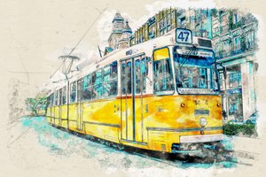 都市の路面電車 水彩画 作： Lembayung senja studio [Vintage Poster]