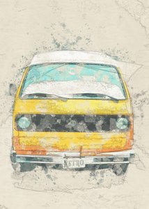 イエローのレトロなキャンピングカー 作： Lembayung senja studio [Vintage Poster]
