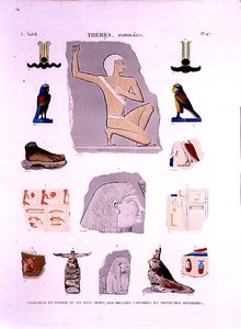石と木片に描かれたレリーフの図解 ハイポジウム、テーベ ルロイが彫刻した「エジプトの記述」の第2巻からのプレート47。 作： Lenoir (after)