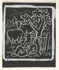 牛と一緒に牧草地の木の下で休んでいる農夫 作： Leo Gestel (signed by artist)