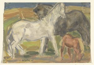 風景の中の 2 頭の馬と子馬 作： Leo Gestel (signed by artist)