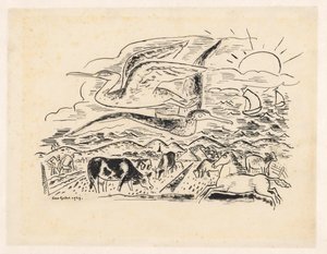 2 羽の鳥が牛のいる風景の上を飛ぶ 作： Leo Gestel (signed by artist)