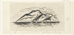 山のある島の前にある 2 つの帆船 作： Leo Gestel (signed by artist)