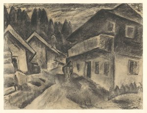 村の道で牛を持つ男と村の景色 作： Leo Gestel