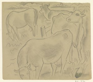3頭の牛と牧草地の馬 作： Leo Gestel