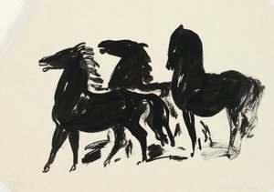 左を向いて立っている 3 頭の黒い馬 作： Leo Gestel