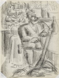 黒いチョークで、カフェのテーブルに座っているハンター タイトルなし 作： Leo Gestel