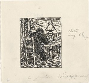 男はテーブルで書き込みます 作： Leo Gestel