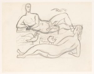 カモメに囲まれた海岸線で裸の男女 作： Leo Gestel