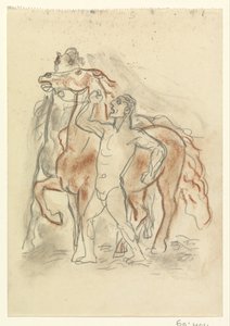 裸の男が 2 頭の馬を拘束 作： Leo Gestel