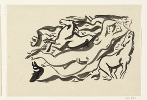 裸の女性と海で 2 頭の馬 作： Leo Gestel