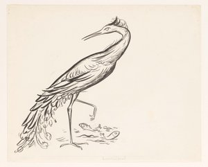 足元に 2 匹の魚がいる水辺のサギ 作： Leo Gestel