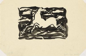 背景に波のあるフレームで頭を後ろに向けた跳ね馬。 無題の馬 作： Leo Gestel