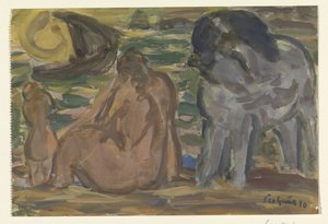 海辺の 2 つの裸の人物と 1 頭の馬 作： Leo Gestel
