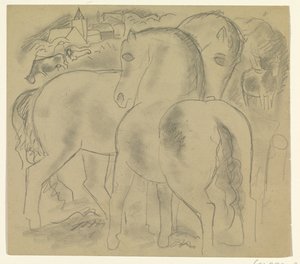 牛のいる風景の中の 2 頭の馬