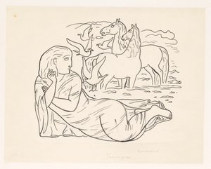 2 頭の馬といくつかのカモメと一緒にビーチに横たわっている女性 作： Leo Gestel